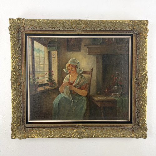 Altes ölbild frau fenster - frau,