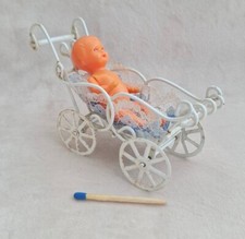 Vintage ES E.S. Germany Puppe Baby 7 cm mit metall Puppenwagen  weiß