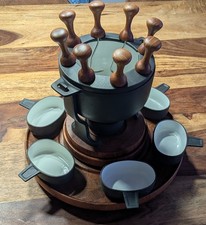 Digsmed Gusseisen Emaille Teak Fondue Set Denmark 70 s Vintage Retro Inkl. Haken