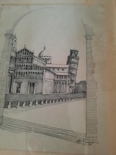 Tusche/Bleistiftzeichn. Schiefer Turm v.Pisa Kunstgalerie München