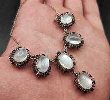 Antik Mondstein & Saphir Collier Kette Moonstone Silber cabochon Um 1900 