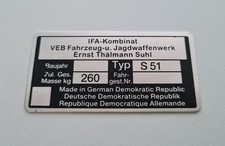 Typenschild für SIMSON S51