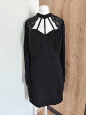 Damen Langarm Abend Kleid L Schwarz Spitze Neu Gefüttert Italienische Mode