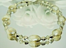 Halskette Perlen Glas Lampwork Murano Art oval grau weiß Kristallglas  449