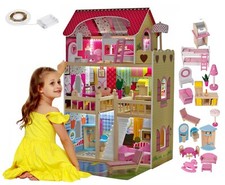 Riesenhaus Puppenhaus h 90 cm aus Holz mit Möbeln und dreistöckigen Lichtern