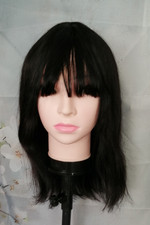 WUNDERSCHÖNE LANGE  ECHTHAAR PERÜCKE MIT PONY - NATÜRLICH SCHWARZ  NEU