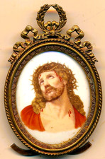 Andachtsbild Porzellanmalerei Ecce Homo, Aufsteller,Messingrahmen Riebe Bayern