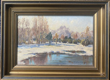 ::M. KAUFMANN ÖLGEMÄLDE WINTERLICHE LANDSCHAFT MIT SEE UND BERGEN
