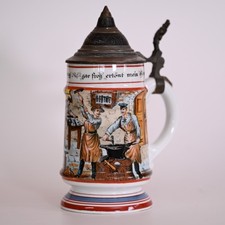 Alter antiker Bierkrug Porzellan Bodenbild Deckel 0,5l Schmid Zunftkrug Zinndeck