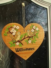 Türkranz Herz Holz Handbemalt  Niedliche Vögel Blütenzweig Willkommen 28x20 Neu