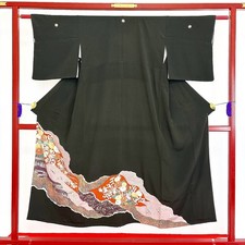 Japanischer Kimono 'TOMESODE' Seide/Blume/Kranich/Traditionell/Länge:151cm N751
