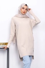 Beige Strick Tunika Kleid –