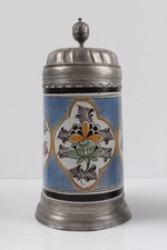 Thüringer Fayence-Walzenkrug Pilasterdekor polychrom Zinnmontur 18.Jh. H29cm