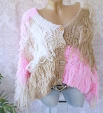 36 38 40 42 44 kurze oversize Jacke Strickjacke Cardigan Fransen Plüsch Zottel