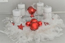 excl.Adventskranz weiß rot 40 cm künstlich Weihnachten Adventsgesteck Deko Feder