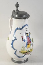 Hanau Fayence-Krug, dat. 1783, Birnform, Zinnmontur, Trinker/Blumen, H.30,5cm