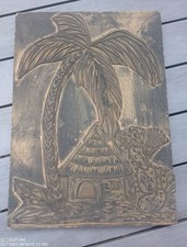 Linol Druckplatte abschnitt Palme und Stroh Hütte alt aber sehr guter Zustand