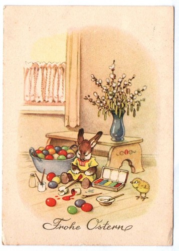 Osterhase beim eier bemalen - ak,