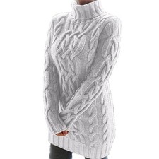 Damen Rollkragen Langarm Strickpullover Winter Warm Pulloverkleid Longshirts