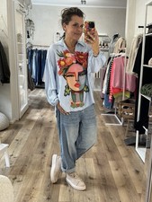 Bluse Blau Weiß Gestreift "Flower-Girl" Back and Frontprint (D3) H