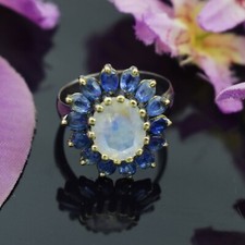 Natürlicher Oval Regenbogen Mondstein Edelstein Kyanit 925 Silber Ring Edler ...