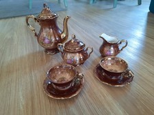 VINTAGE TEESERVICE VON WALDERSHOF BAYERN GERMANY PORZELLAN 9 TEILIG GOLD/WEISS