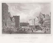 Hamburg Hopfenmarkt Original Stahlstich Poppel 1843