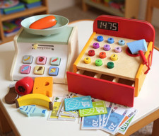 HOLZ Kinder Kasse mit Waage für Lebensmittel Kaufladen Zubehör Set Spiel Laden