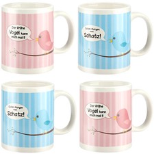 4x Kaffeebecher aus Porzellan - Kaffee-Tasse mit Vogel-Motiv in pink und blau