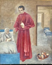 ::ÖLGEMÄLDE 1940 GEISTLICHER AM KRANKENBETT LAZARETT KLOSTER NONNE MIT OBSTKORB