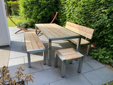 Gartenmöbel Edelstahl "Gebirgs-Lärche"  Tisch 90x200cm ,2x Bank mit Lehne 180cm