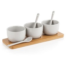 Servierschalen Set Porzellan mit Löffel und Bambus Tablett Dip Tapas Snack Soßen