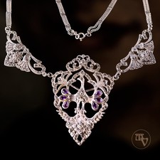 Vintage 925 Silber Halskette Collier Pfau Vogel Amethyst Markasit Antiker Stil