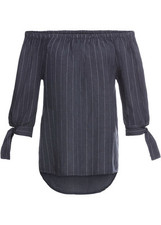 Leinen-Carmenbluse m 3/4-Ärmeln Gr 52 Indigo Weiss Bluse Shirt Tunika R-Ware Neu