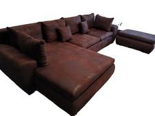 Couch Schlafsofa Links  Alcantara, Braun, Ecksofa , 8 Kissen, Hocker