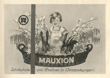 Schokolade Mauxion Reklame von 1928 Ostern Osterhase Osternest Mädchen Werbung