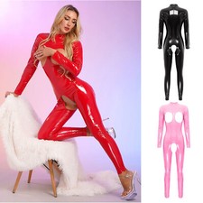DE Freebily Damen Wetlook Catsuit Overall Glänzend Lackleder Jumpsuit Clubwear