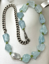 Kette natürlicer Aquamarin Rohstein Peridot Panzerkette Barockperle 925 Silber