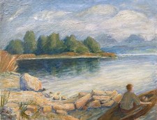 Ölbild Landschaft Mann mit