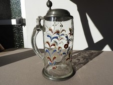 c1780 BIERKRUG HUMPEN Henkelkrug Abrissglas Krug Zinndeckel Vogel Email geblasen