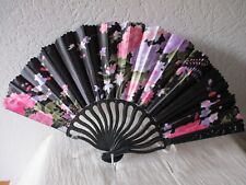 Hand Fächer Kunststoff Stoff Satin Blumenmuster groß Schwarz Rosa Lila Bunt