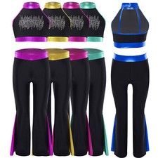 DE Mädchen Ärmellose glänzende Tanz Crop Top mit Flare Hose Leggings Jazz Dance