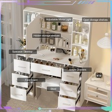 Weißes Frisiertisch-Set Schminktisch mit 7 Schubladen mit Hocker und LED-Spiegel