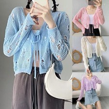 Leichte Kurzarm Strickjacke mit hohlem Design Damen Freizeit Strick Oberteil