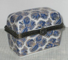 Kästchen Schmuckdose Porzellandose Pillendose Box blau-weiß-gold Blätter 6x5x3cm