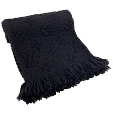 Louis Vuitton Monogram Escharpe Logomania Fransen Wolle Seide Schwarz Stola 3814