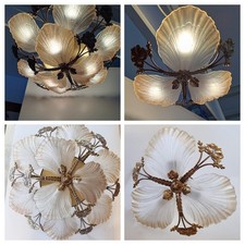 Hollywood-Regency Jugendstil-Kronleuchter, Messing, Bernsteinglas in Muschelform