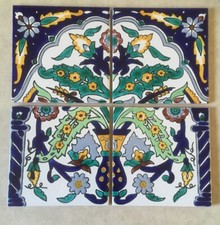 4 alte Fliesen Bild antik Jugendstil Art Nouveau Tile Kachel Fliesenbild Blumen