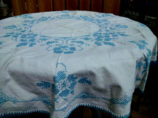 Alte runde Leinen-Tischdecke Handarbeit Kreuzstich-Stickerei Perlgarn Türkis