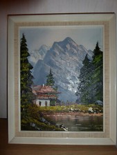 Ölgemälde "Bergpanorama mit Hütte" gemalt von Kunstmaler Max Mühlberger 